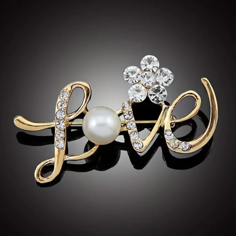 3/$25 “Love” Pin Badge Brooch Gold Tone, Sparkly Rhinestones, Faux Pearl “O”